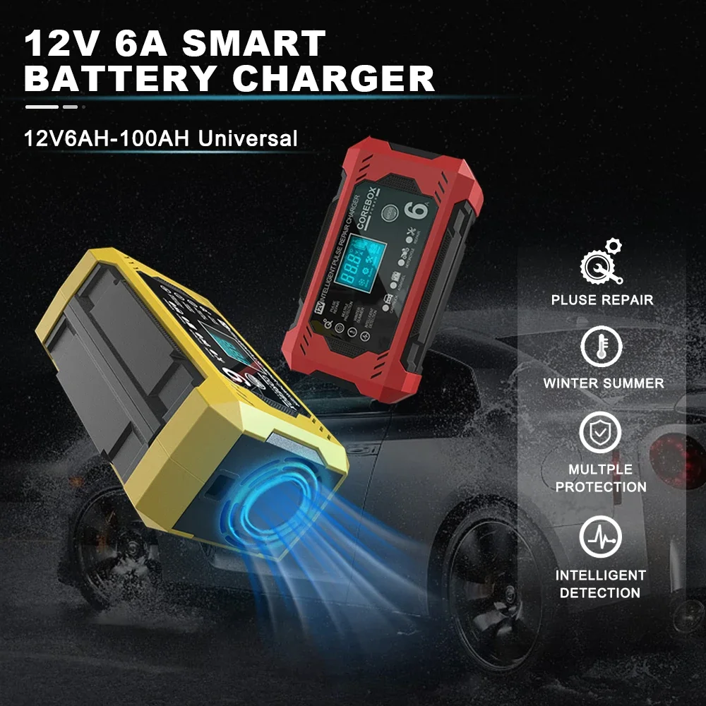 

12V 6A Intelligent Charger for Fishing Boat Batteries, Waterproof AGM/GEL with LCD Display, Multiple Protection Fishing Tackle