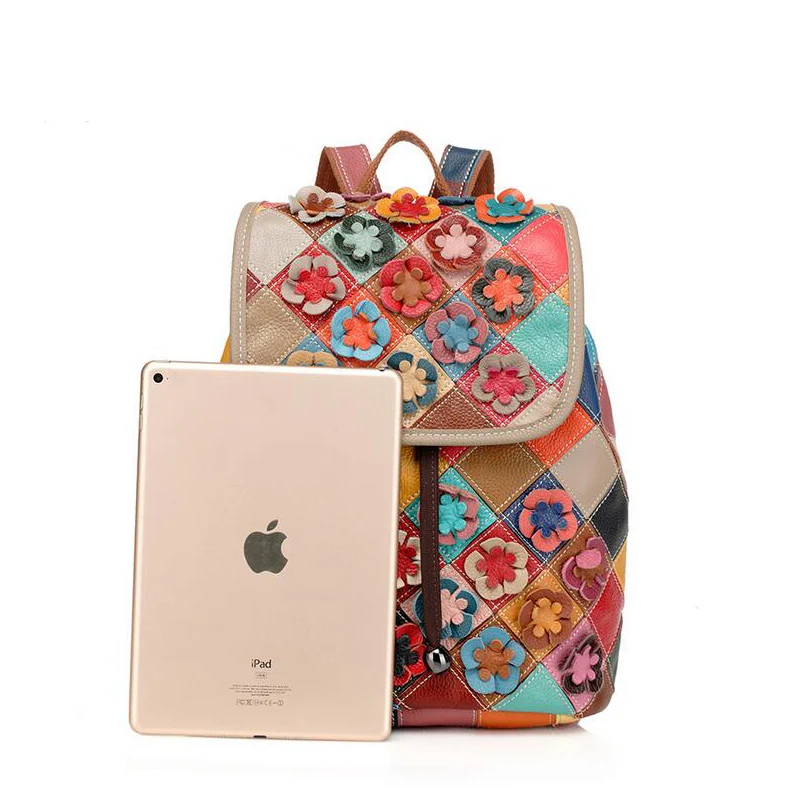 LOMANTINA Women Backpack Fashion Causal Flowers Colorful Patchwork Female Shoulder Bag Cow Leather Backpacks for Women Mochila