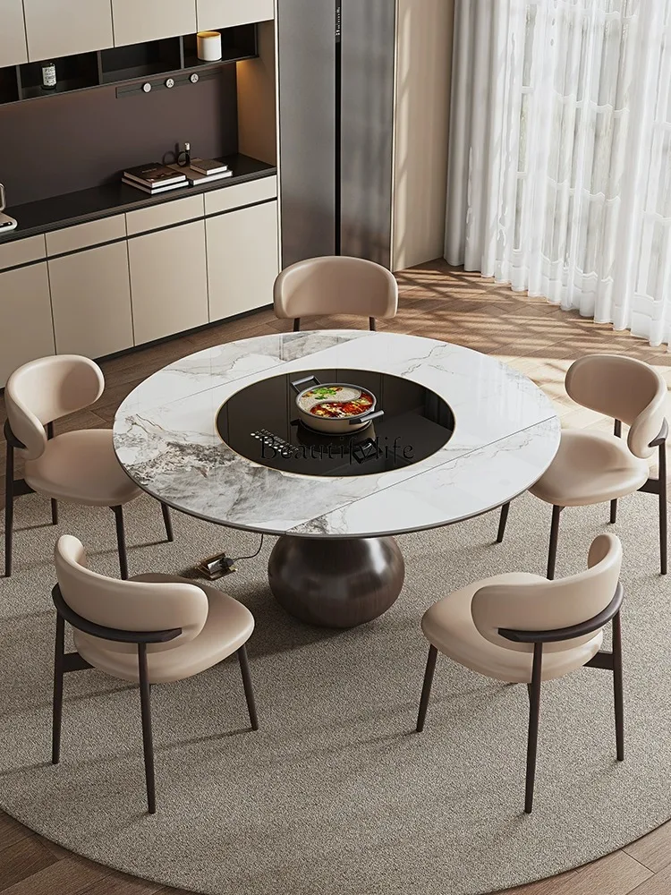 Solid wood rock slab multi-functional dining table retractable square and round dual-purpose