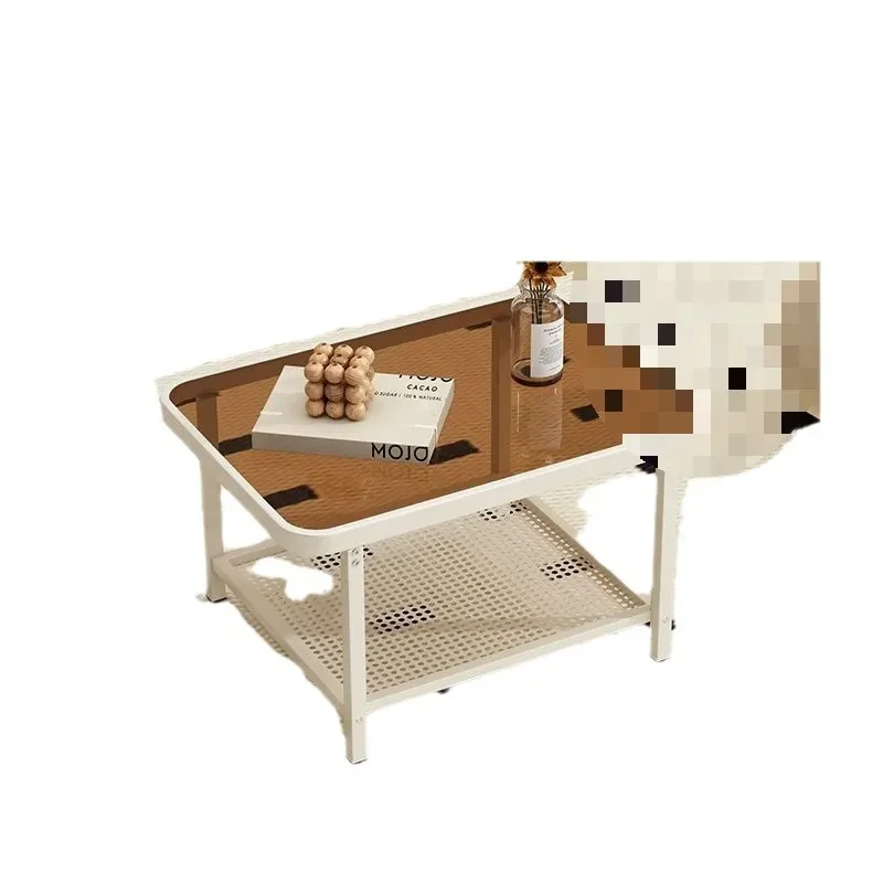 Cream Style Tempered Glass Coffee Table with Wheels Modern Light Luxury Mobile Tea Table for Small Apartment Living Room