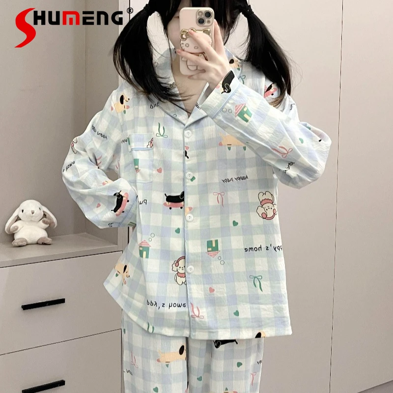 

Женские пижамы с мультяшным принтом, синие в клетку, с милым воротником, для весны и осени, хлопковые, с длинными рукавами и брюками, домашняя одежда