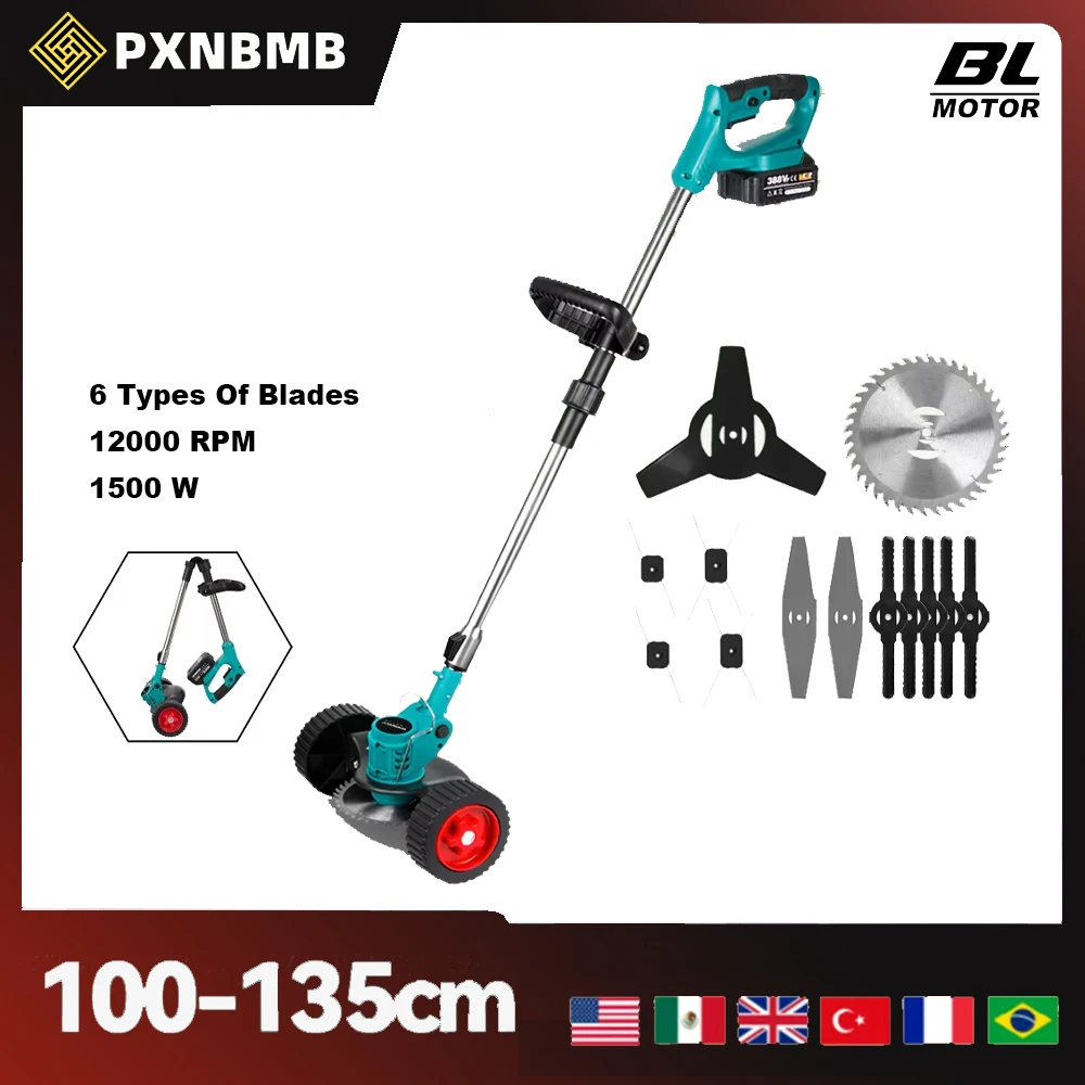 Tondeuse à gazon électrique PXNBMB 100-135cm, 1500W, sans fil, pliable, outil de coupe et d'élagage pour jardin, compatible avec batterie Makita