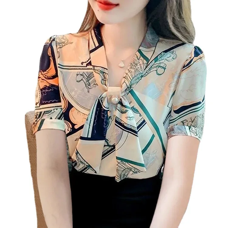 Camisa de gasa estampada de manga tres cuartos para mujer, blusa de diseño elegante, moda de primavera y verano