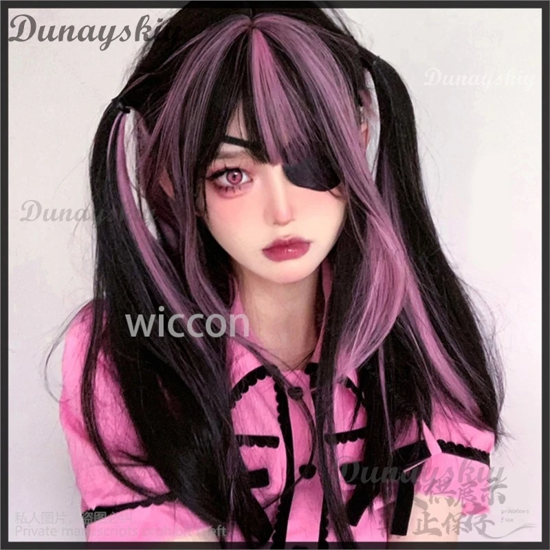 Anime KAnge Y2K Hot Girls Pink Black Highlights Double Ponytail Wigs Blindfold Jirai Kei Egirls Styles Cosplay Halloween Game