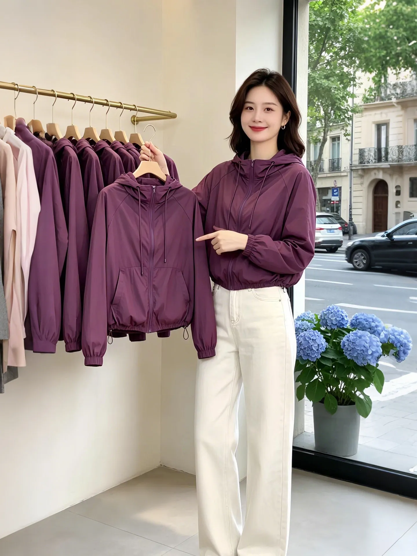 Unique Beautiful Purple Sun Protection Jacket Commute Stylish Good Looking Hooded Open Cardigan Women's Summer New Arrival