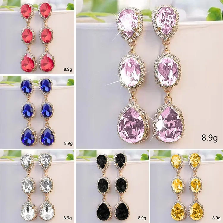 New Tassel Gold Multicolor Gemstone Inlaid Zircon Earrings Long Face Slim Earrings Temperament Light Luxury Jewelry Wholesale