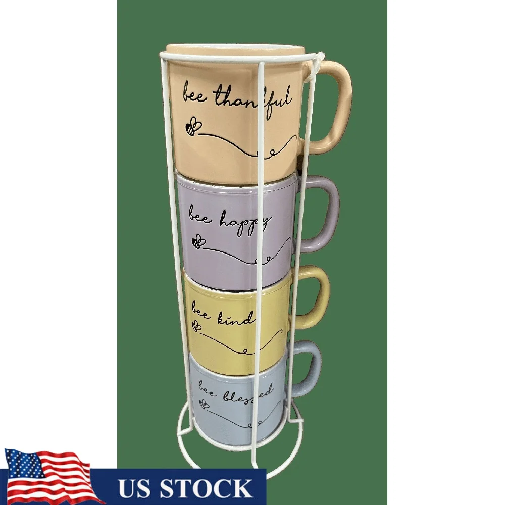 

Набор из 4 керамических кофейных кружек, 14 унций, многоцветный, с металлической подставкой, можно мыть в посудомоечной машине, вдохновляющий дизайн, домашний декор, подарок