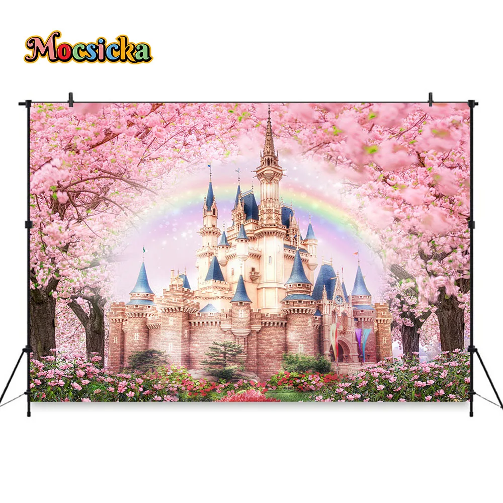 خلفية للتصوير الفوتوغرافي لقلعة الربيع، خلفية كعكة عيد ميلاد الأميرة فتاة، خلفية سحق زهرة وردية، خلفية قوس قزح لحديثي الولادة