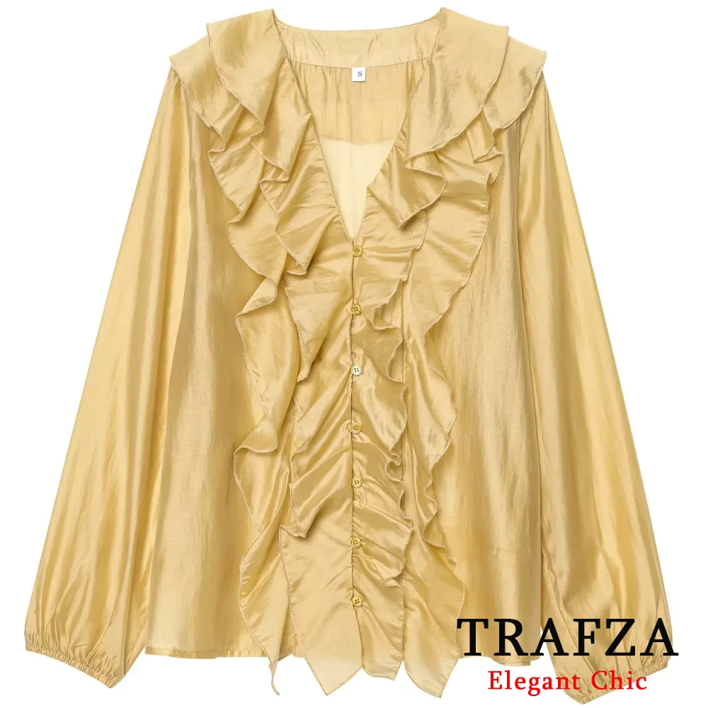 

TRAFZA Women Casual Yellow Long Sleeve Shirt See-Through Button Ruffled Blouse Shirt New 2025 Summer Glamorous Holiday Shirt