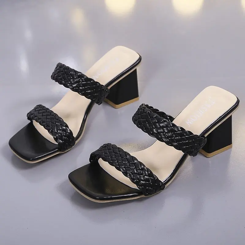 Wear Fairy Wind Woven Large Size Sandals and Slippers Women\'s 2024 Summer New Thick Heels Gentle Wind High Heels Women