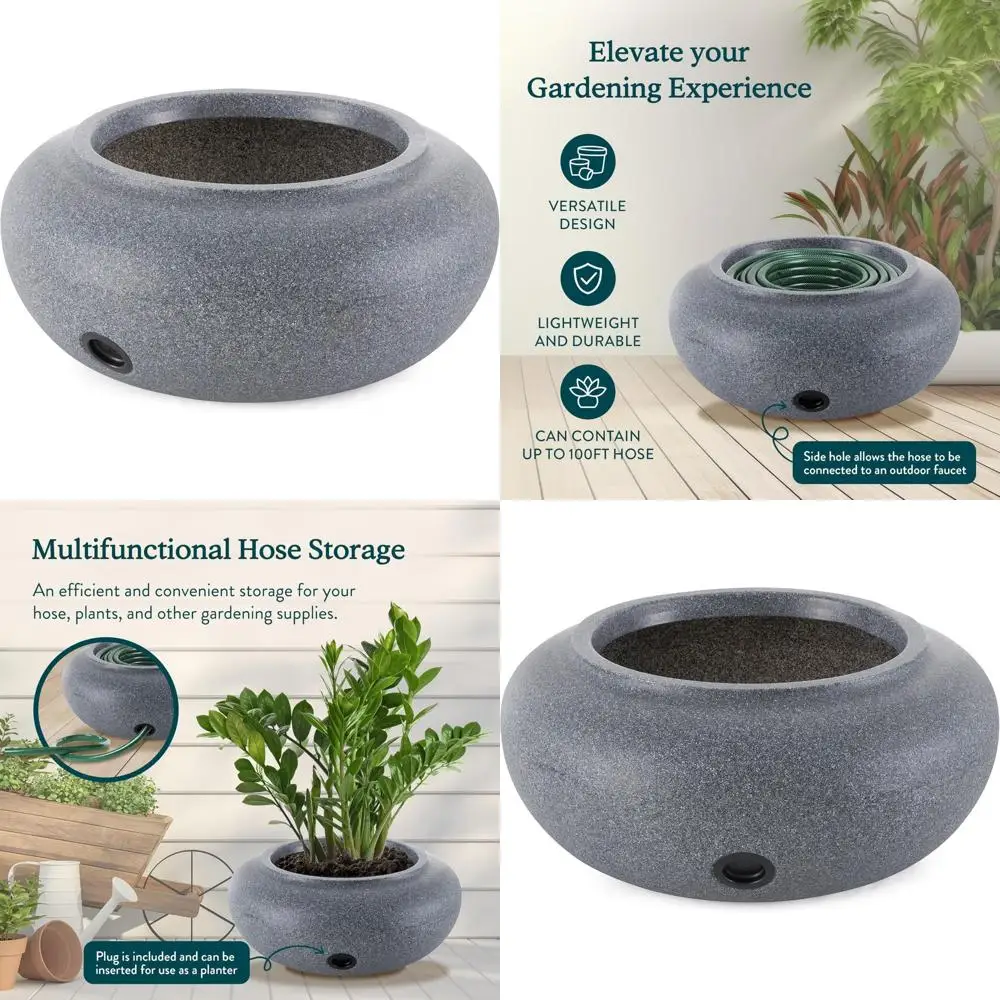 

Round 21 Inch Outdoor Garden Hose Storage Pot with Side Hole for Faucet Connection, Natural Decorative Plastic, Versatile Use