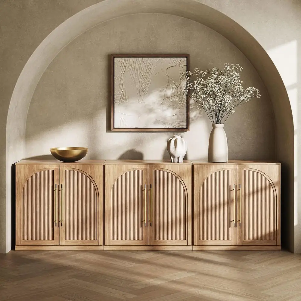 

3-Door Wooden Sideboard with Double-Arc Design, 97 Arched Cabinet for Storage and Adjustable Shelves, Suitable for Classic Moder