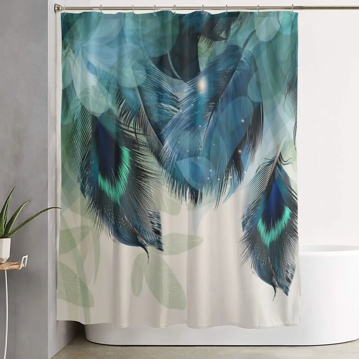 

Peacock Feathers Turquoise Shower Curtain Bathroom Polyester Waterproof Bath Curtains with Hooks