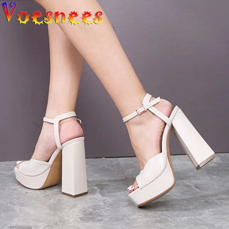 Ankle Buckle Strap Women Sandals Fashion Square Head High Heels Shoe Summer Office Shoes New Thick Heel Model Catwalk Show Pumps