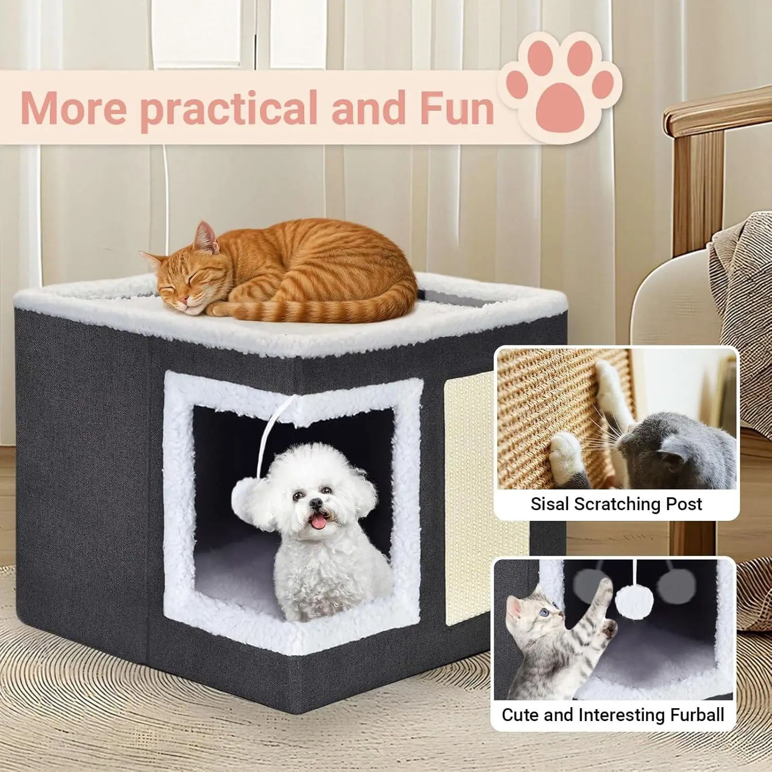 سرير قطط قابل للطي مع لوح نفق للخدش من السيزال، منزل للحيوانات الأليفة للاستخدام الداخلي والخارجي مع وسادة قابلة للإزالة