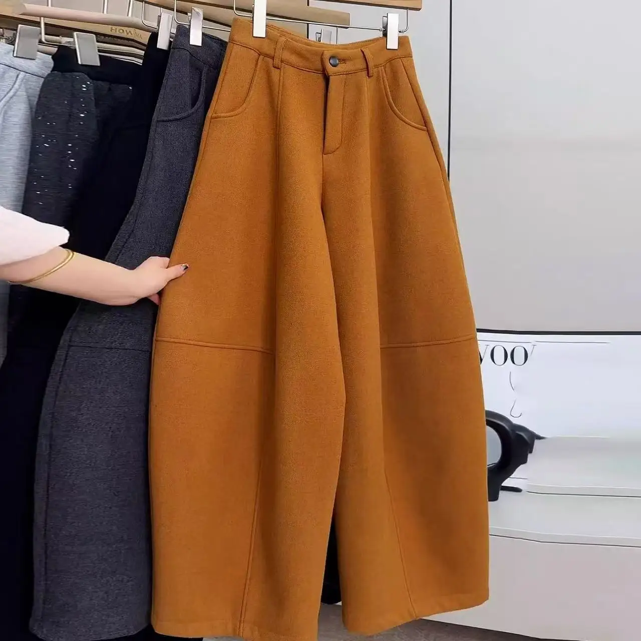 2025 winter new fluff and thin pants women's thickened high-waisted scimitar loose casual mopping wide-leg trousers