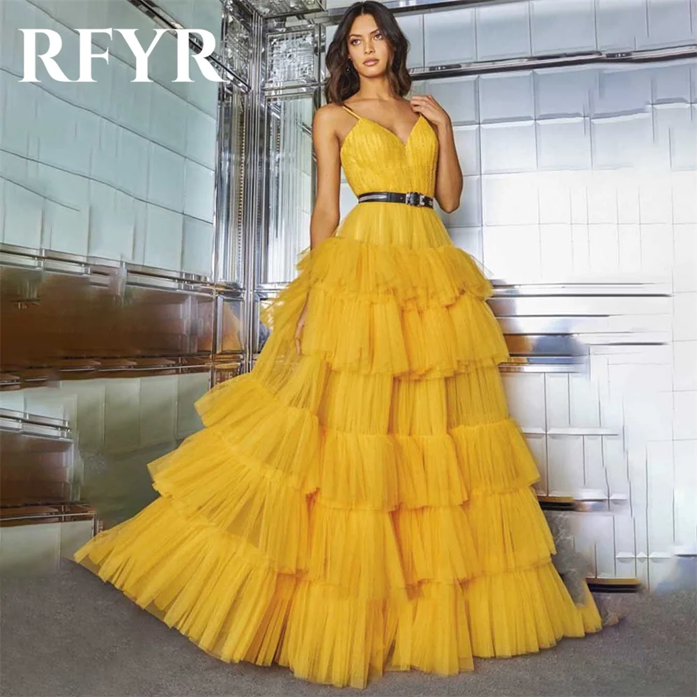 

RFYR Yellow Evening Dresses A-line Spaghetti Strap V-Neck Prom Dress with Sashes فستان سهرة Tiered Tulle Sleeveless Party Dress