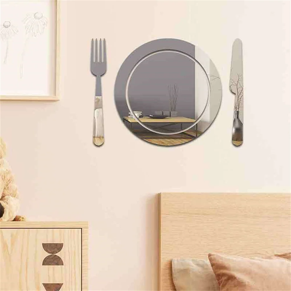 3D Acrylic Tableware Mirror Wall Sticker Mirror Solid Paster Self-adhesive Decals Home Bedroom Restaurant Art Decoration