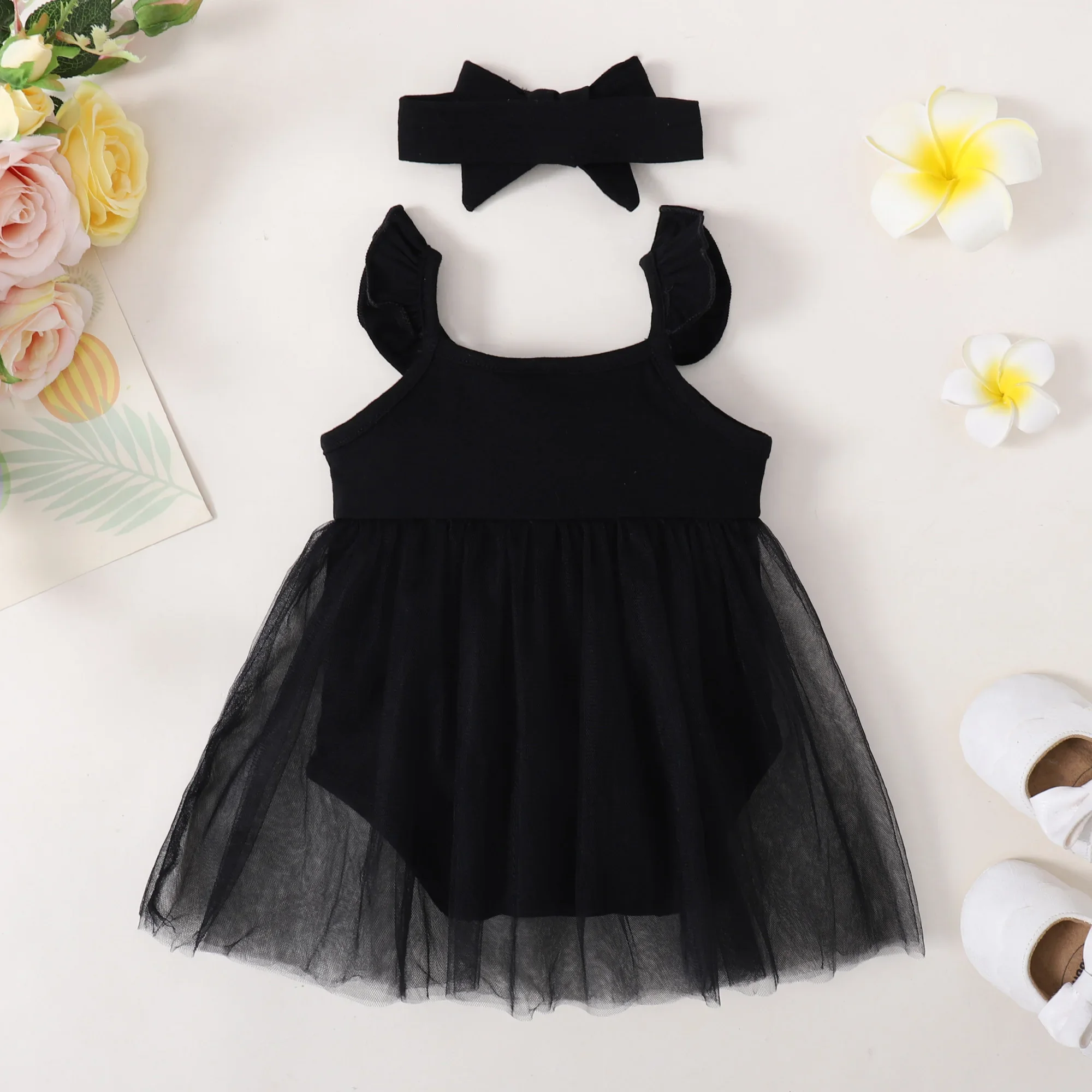 Summer  Newborn  Baby  Girl  Black  Wedding  Bridesmaid  3D  Flower  Tulle  Lace  Satin  Princess  Dress  Party  Funeral  Dress