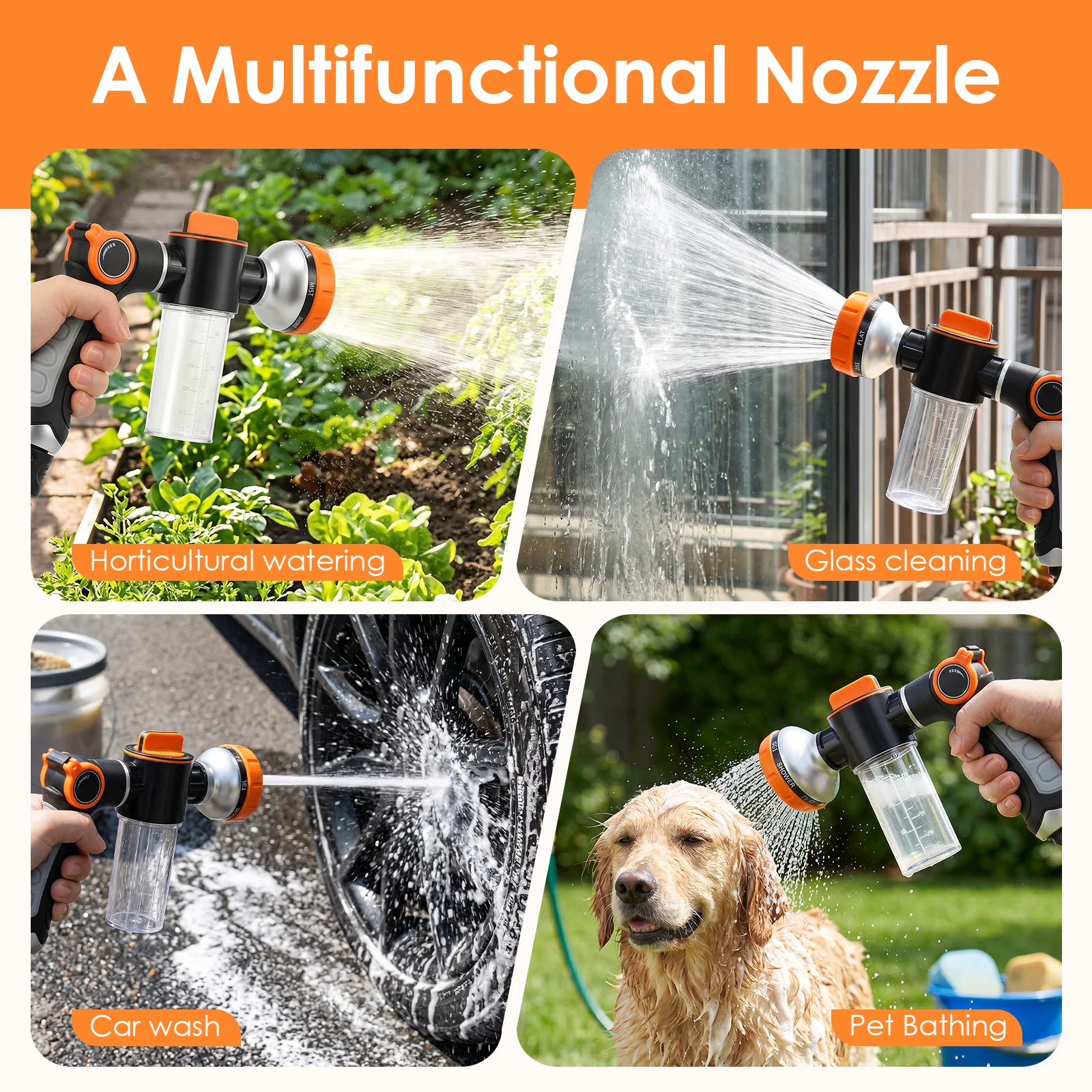 Dog Wash Hose Attachment 8 Pattern Spray Nozzle Thumb Control Pet Shower Sprayer Foam Soap Dispenser For Yard Car Washing view 6