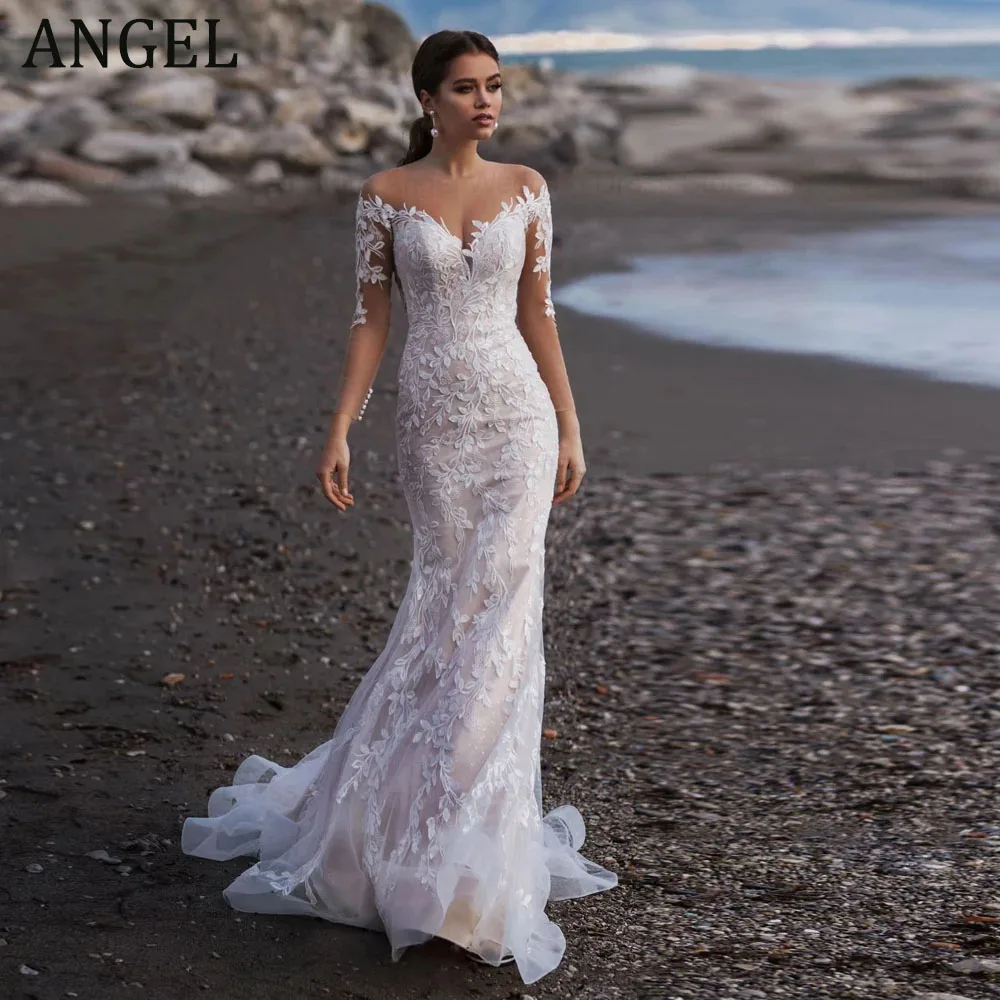 

ANGEL Beach Long Sleeves Mermaid Tulle Wedding Dress Elegant V-Neck Lace Appliques Illusion Back Button Bridal Gown Custom Made