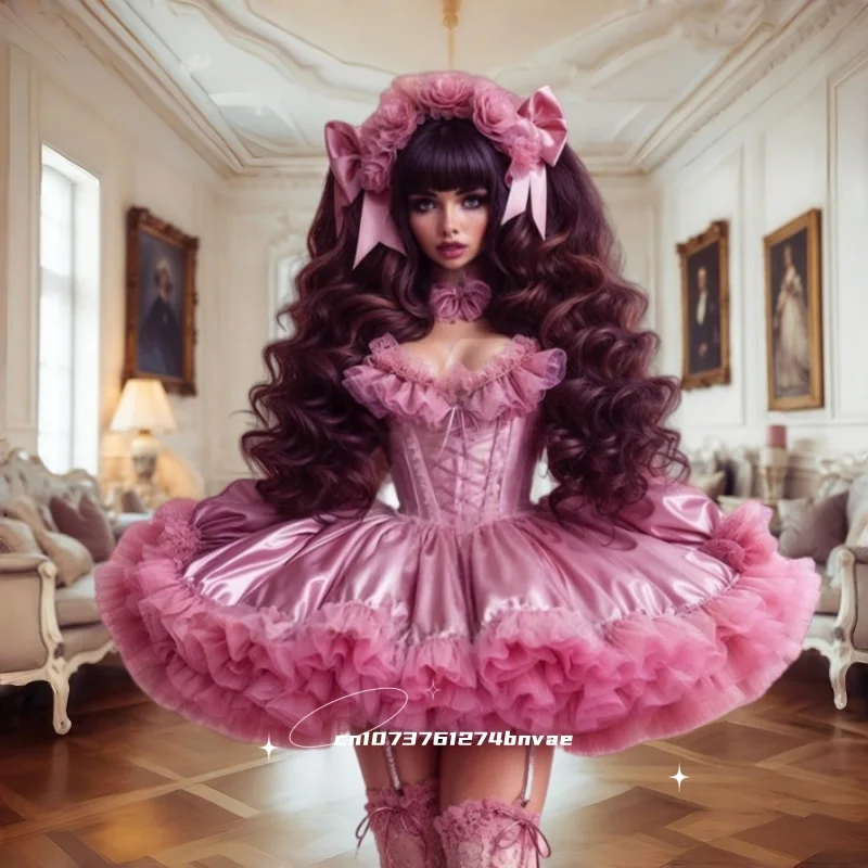 

Lolita ruffles Ball Gown Short Prom Dress Long Sleeves Cosplay Party Gowns Corset Satin With Tulle Birthday Wear Customized