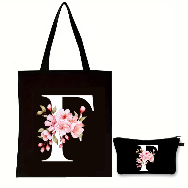 Cherry Blossom Vintage Letter Print Women's Purse and Handbags Set Vintage Sakura Alphabet Fashion Shoulder Bags Makeup Bag