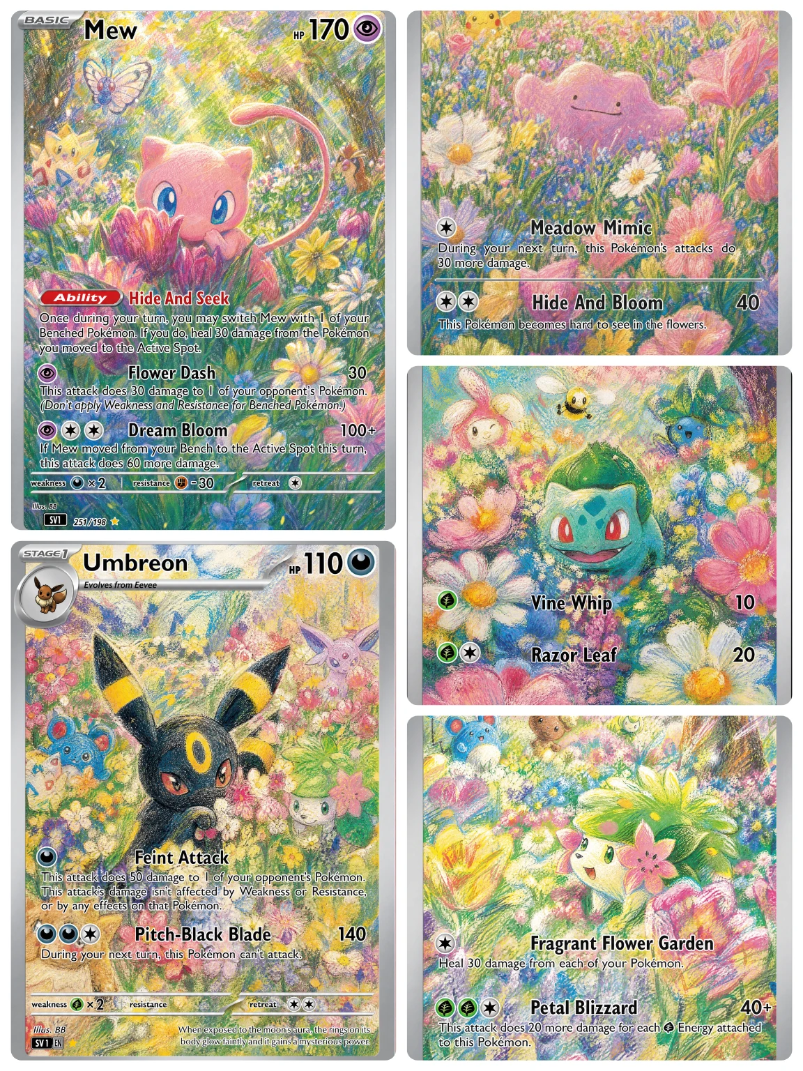 LB06 Meadow Flower PTCG 5Pcs Holo Cards, Ditto Mew Shaymin Umbreon Bulbasaur Full Art Fan Art Collectible Trading Cards