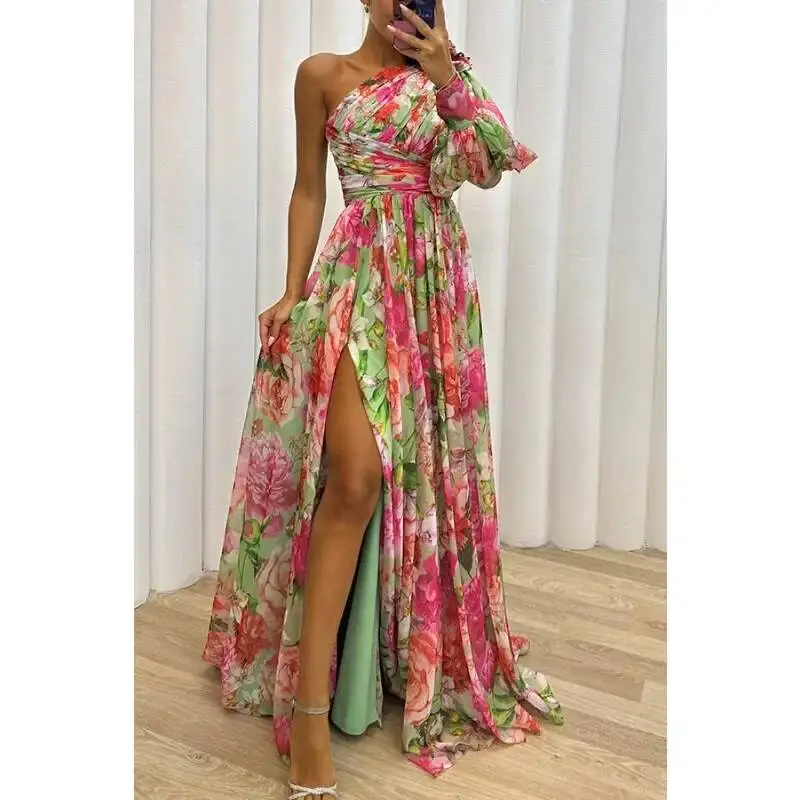 

Women's Casual Off Shoulder Long Sleeved Waist Tied Dress with Slanted Collar Holiday Party Fashion Print Slit Dress