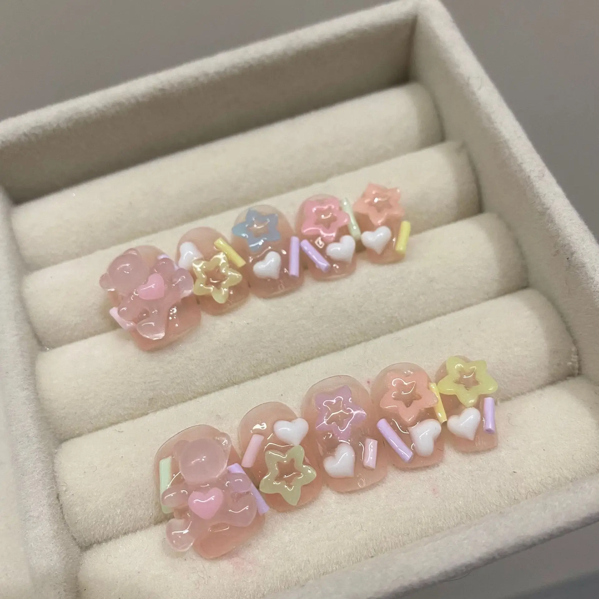 

10pcs Handmade Press on Nails Sweet Little Bear with Stars and Hearts Full Coverage Nail for Women&Girl Detachable Wearable Nail