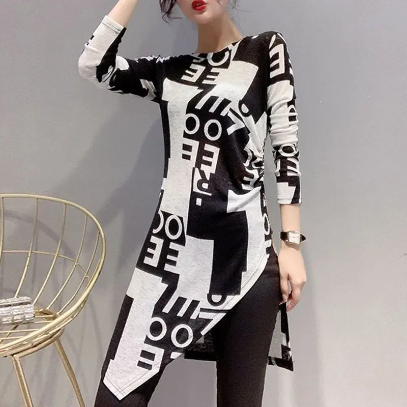 Streetwear Letter Printed Pullovers Casual O-Neck Women\'s Fashion Asymmetrical Irregular Split Spring Autumn Slim Midi T-shirt