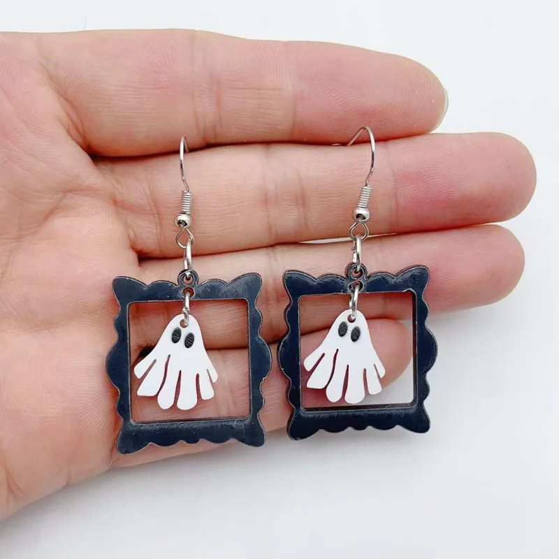 2pcs Halloween Ghost Drop Earrings, Black Square Frame Drop Earrings, Women's Halloween Party Costume Accessories