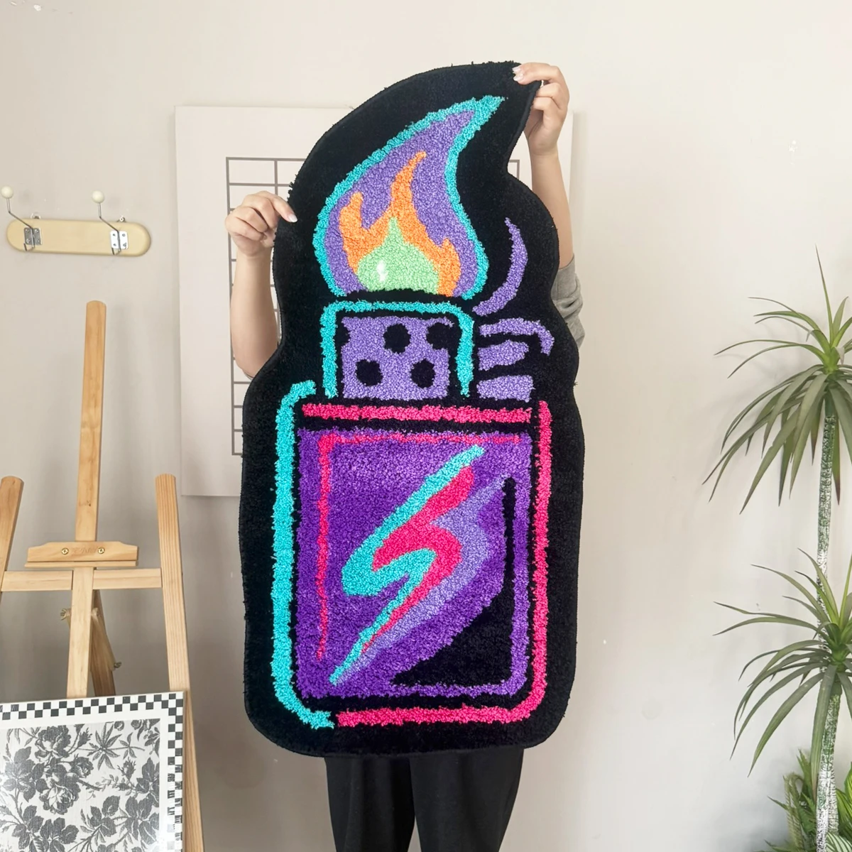 Vibrant Graffiti Lighter Tufted Rug, Neon Color Soft Flocking Mat, Non-Slip Aesthetic Decor for Trendy Dorm, Modern Living Space