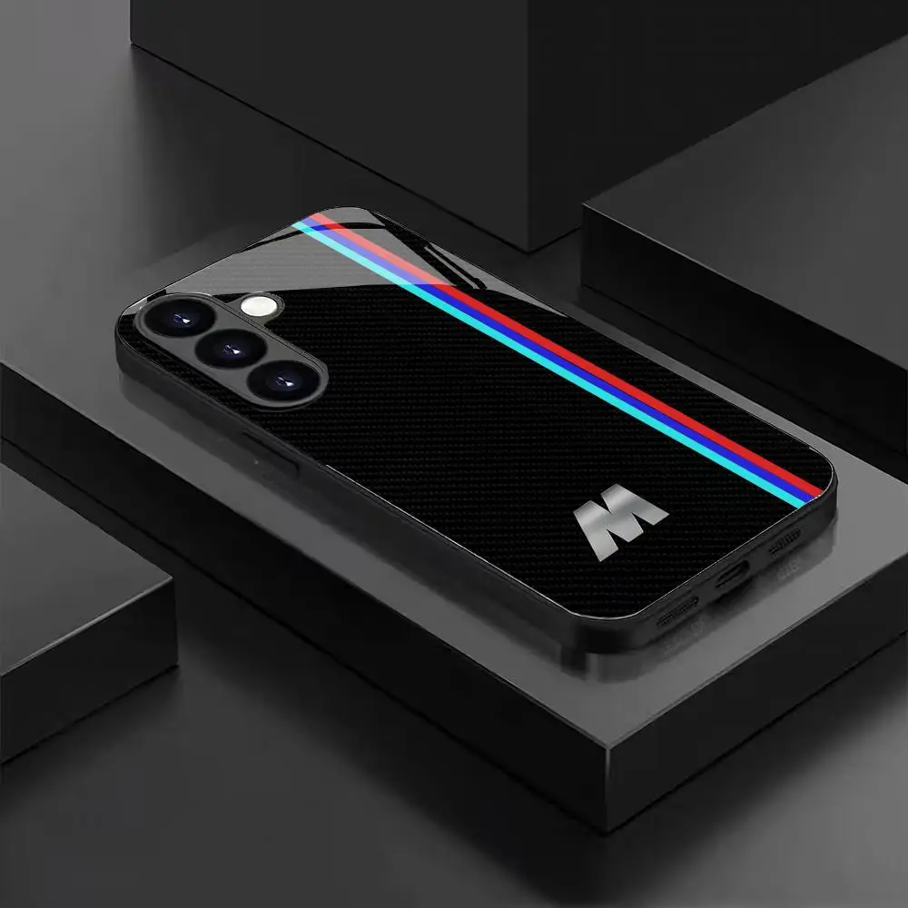 Image of Gestreifte Buchstaben-M-Handyhülle aus gehärtetem Glas, geeignet für Samsung Galaxy S26 S25 S24 S22 S21 S20FE/Ultra/Plus, stoßfeste Rückseite