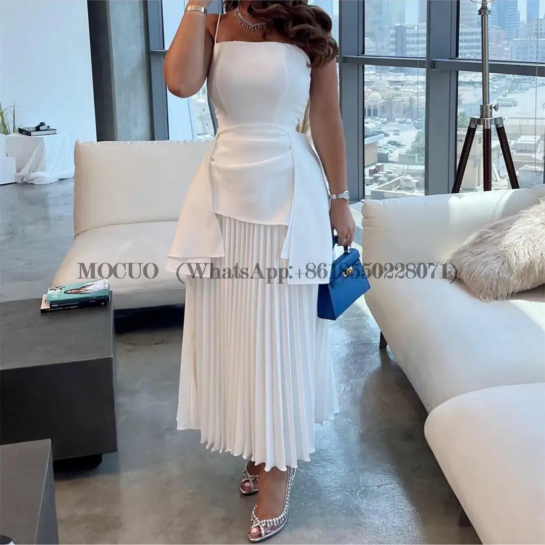 

Elegant Short White Pleated Evening Dresses A-Line Spaghetti White Tea Length حزب اللباس Vestidos de Noche Prom Gowns for Women