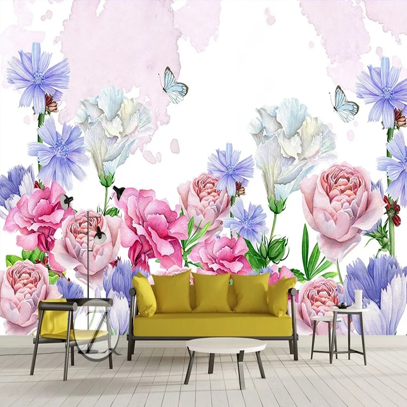 

Photo Wallpaper European Hand Painted Pink Flowers Mural Wall Paper Living Room Bedroom Backdrop Home Decor Art Papel De Parede