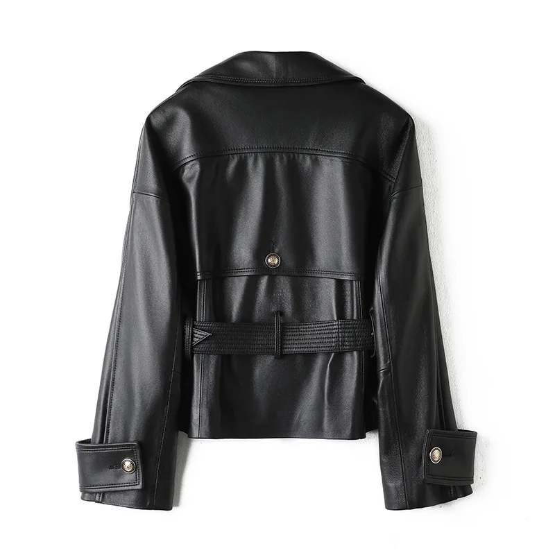 Giacca in pelle da donna Primavera Cintura doppiopetto Chiusura in vita Slim Ceket Kadın Trench corto allentato importato in pelle di pecora
