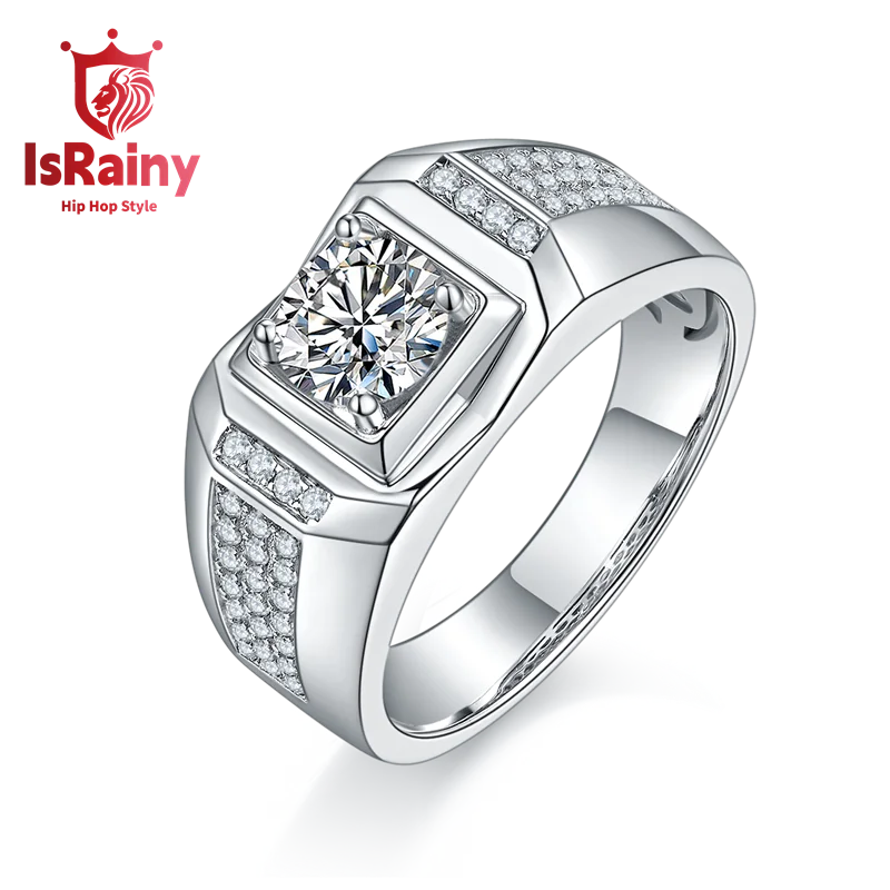 

IsRainy Hip Hop Rock Solid 925 Sterling Silver Real GRA Moissanite Diamonds Men Rings Round Engagement Anniversary Fine Jewelry