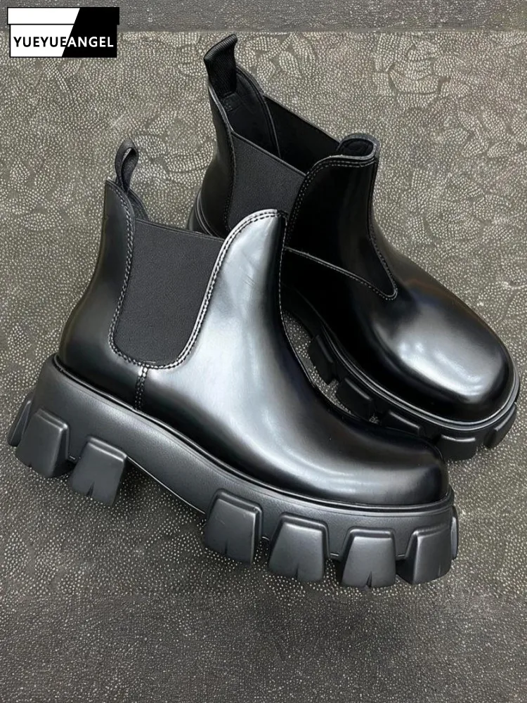 

Leisure Style Genuine Leather Round Toe Height Increasing Ankle Boots Solid Color Cowhide Men Platform Slip On Handmade Shoes