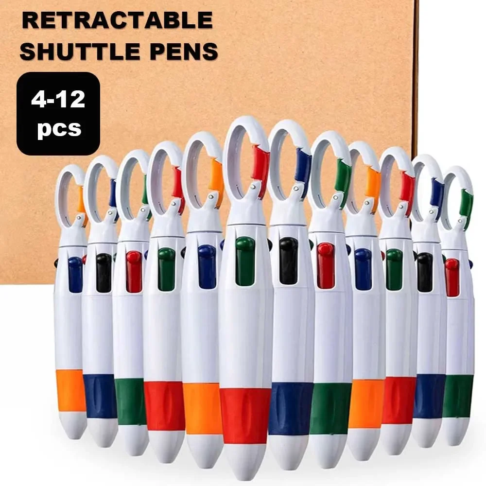 4-12Pcs 4-in-1 Multi-Color Retractable Shuttle Pens, Ballpoint Pens with Carabiner Clip & Keychain, Bulk Assortment for Adults
