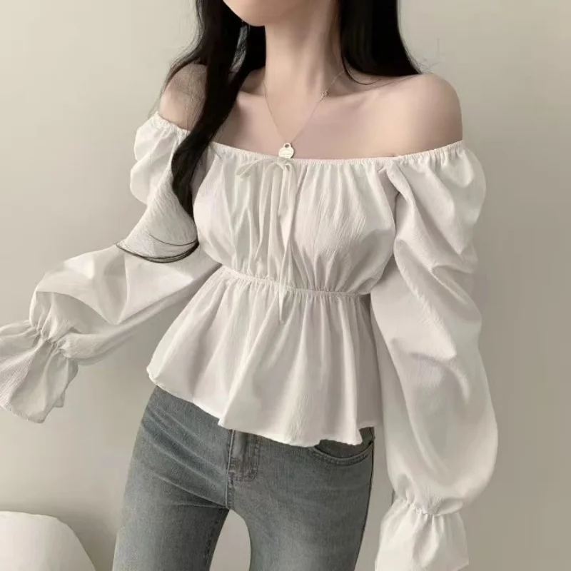 2024 Fashion New Ruffle White Long sleeved Women\'s Blouses Square Neck Sexy Short Shirt Korean Style Flare Sleeve Sweet Tops