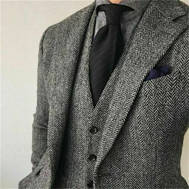 Herringbone Suit Men 3 Pieces Formal Business Tweed Tuxedo for Men Retro Wedding Men\'s Suit Jacket Vest Pants Set