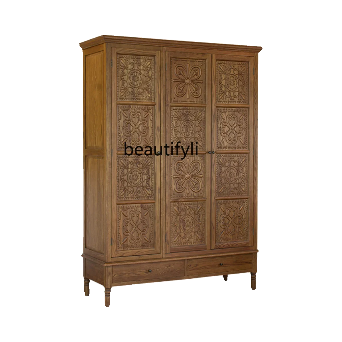 American rural solid wood carving flower three doors four doors wardrobe retro pastoral multi-functional storage storage cabinet