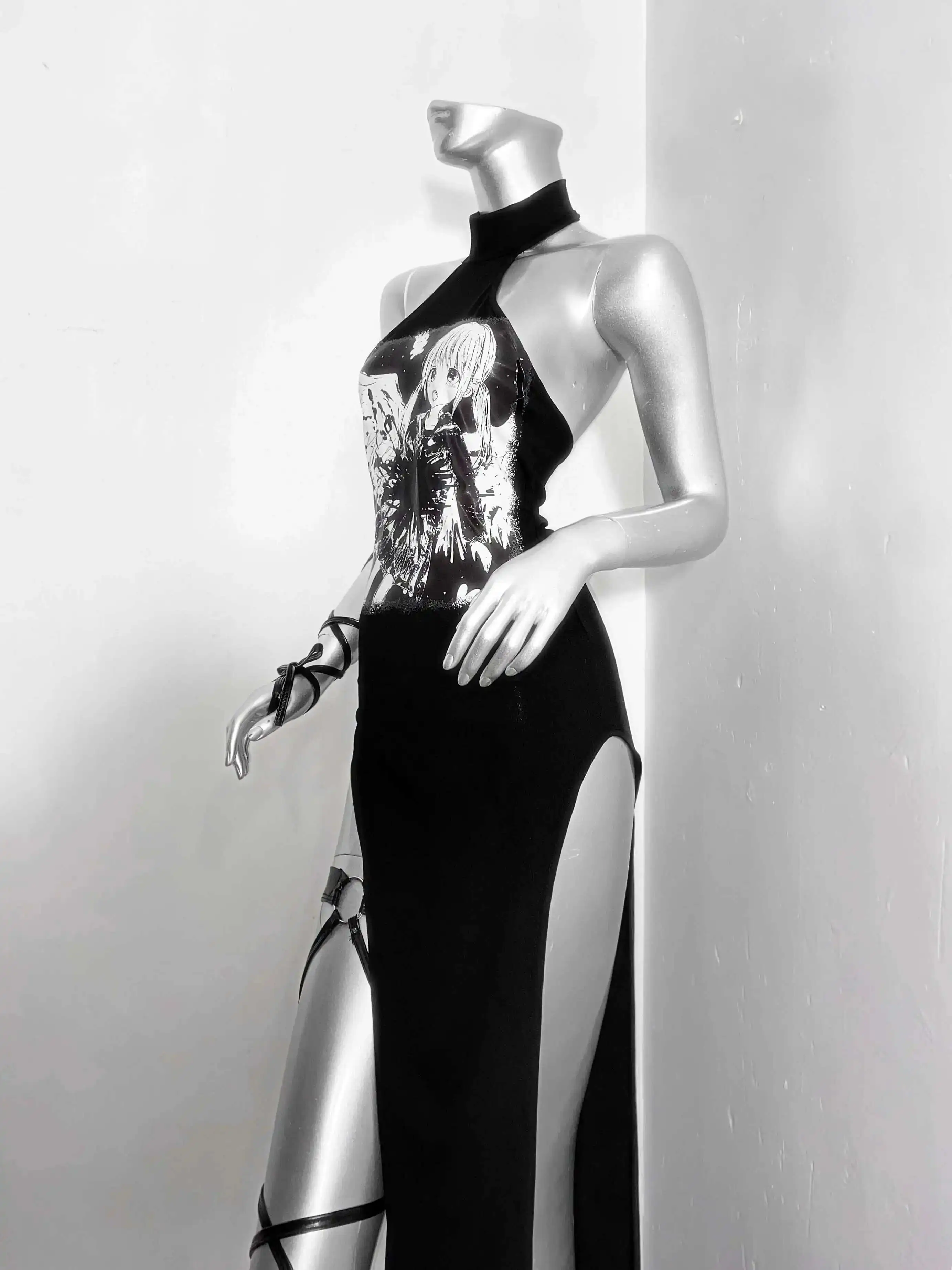 

TDH * Subculture Series New Chinese Style Improved Cheongsam Black And White Color Matching Jumpsuit Long Skirt Slit Sexy Dress