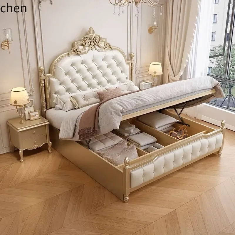 HYS Solid Wood 2.0m Double Princess Bed High-End Master Bedroom Wedding Bed 1.8m Genuine Leather Upholstered Storage Bed
