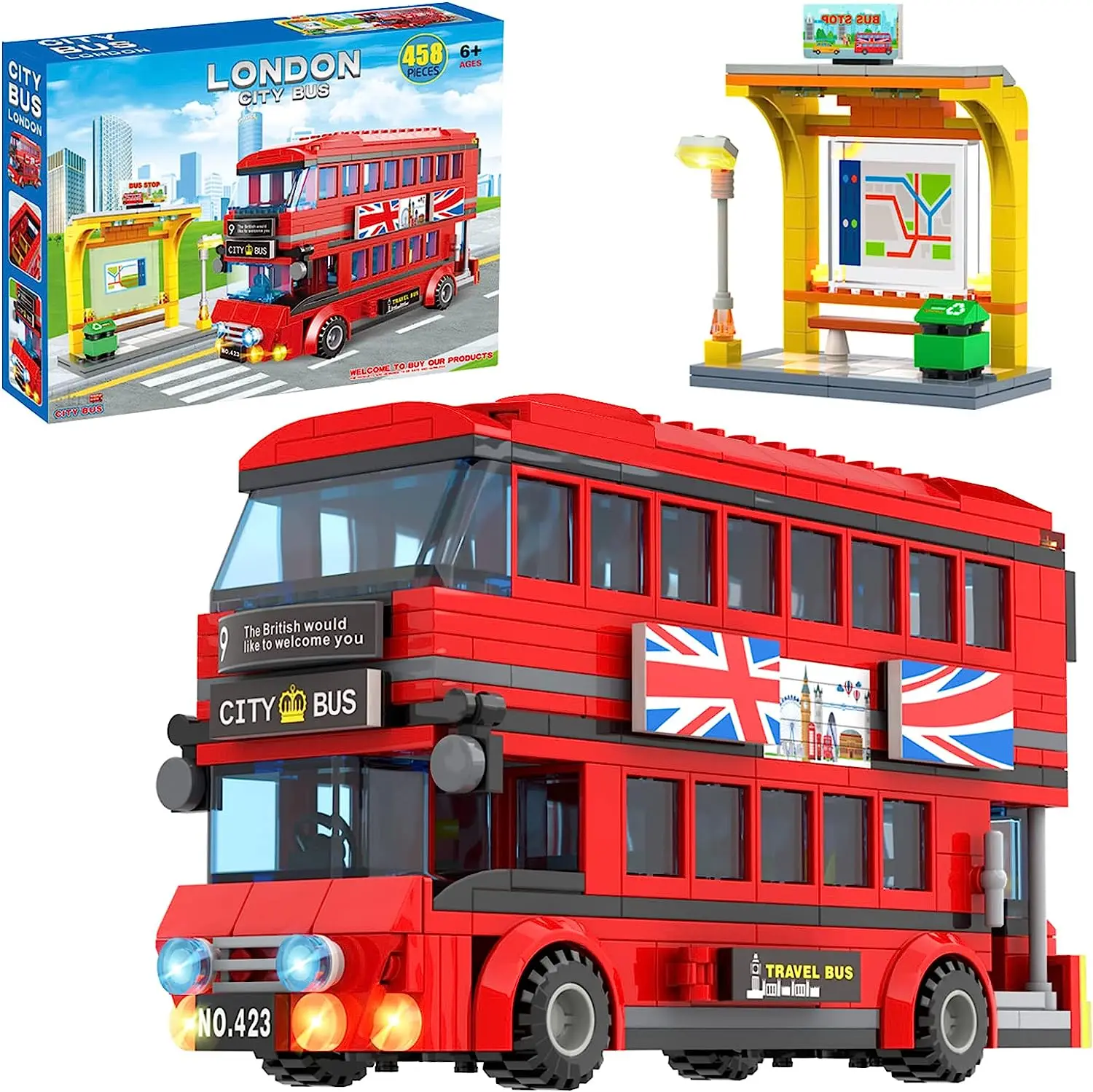 Conjunto de blocos de construção de estação de ônibus de cidade londres, dois andares, viagens de londres, aprendizagem de negócios, jogo de roleplay, tijolos de haste, presente para meninos e meninas