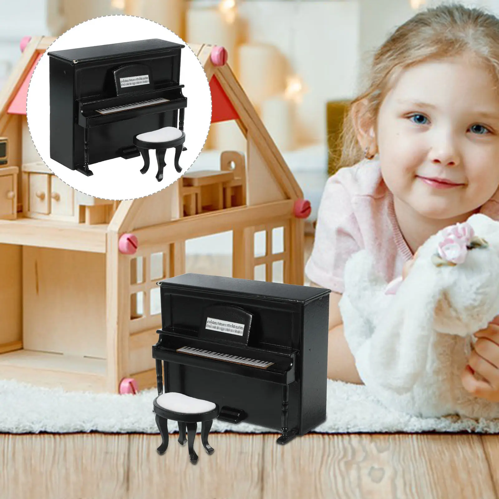 

1Set Upright Piano Miniature House Furniture Mini Piano Stool Set Wooden Mini Furniture Creative Micro Landscape