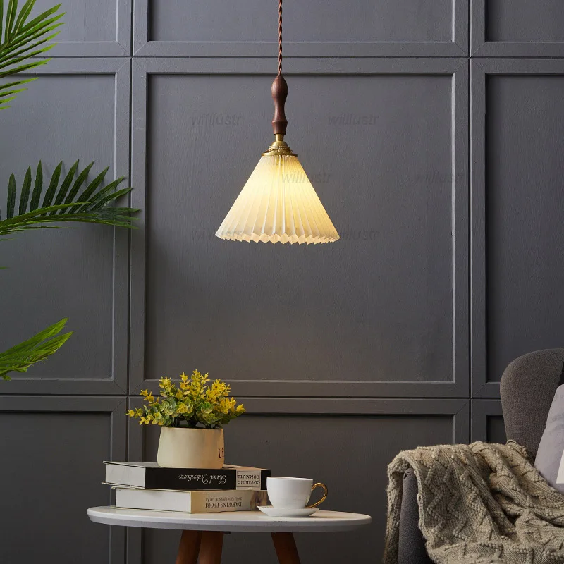 

Vintage Walnut Wood Copper Pendant Lamp Pleated Fabric Suspension Light Hotel Cafe Bar Retro Hanging Ceiling Chandelier