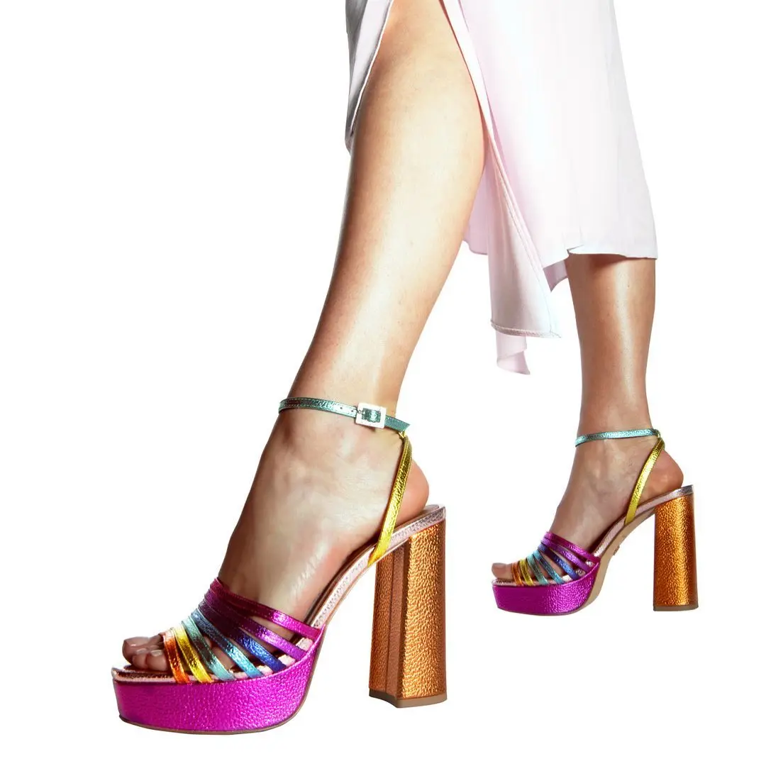 Rainbow Open Toe Platform Sandals Single Band Rhinestone Buckle Ankle Straps Block High Heels Slingback Summer Fashion Shoes