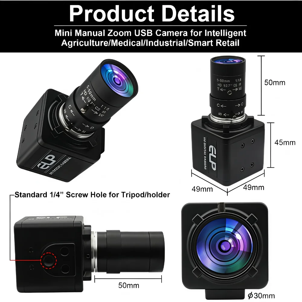 ELP Global Shutter USB Camera 5MP 50fps 1440P 60fps Industrial Webcam with 5-50mm 10X Zoom CS Mount UVC PC Camera for Recording